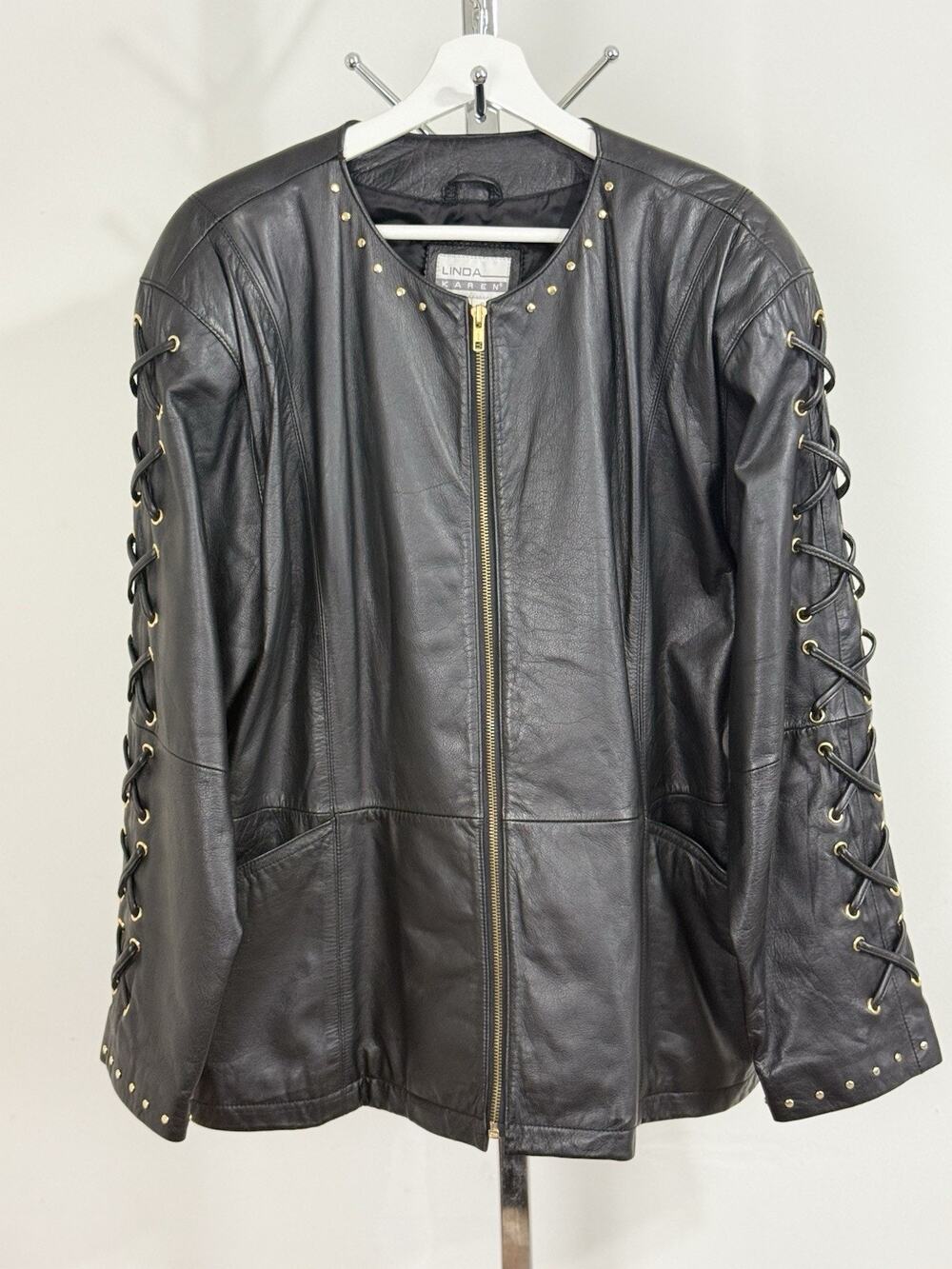Vintage Women’s Black Leather Jacket Lace Up Studded Biker Y2K Punk Goth Size S